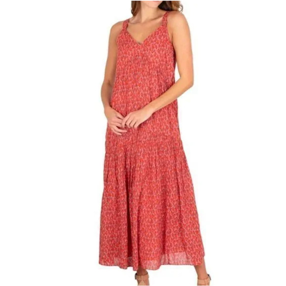 Joie Womens Dress Size Medium Red/Pink Ikat Print Sleeveless‎ Maxi Tiered Boho - Picture 7 of 14